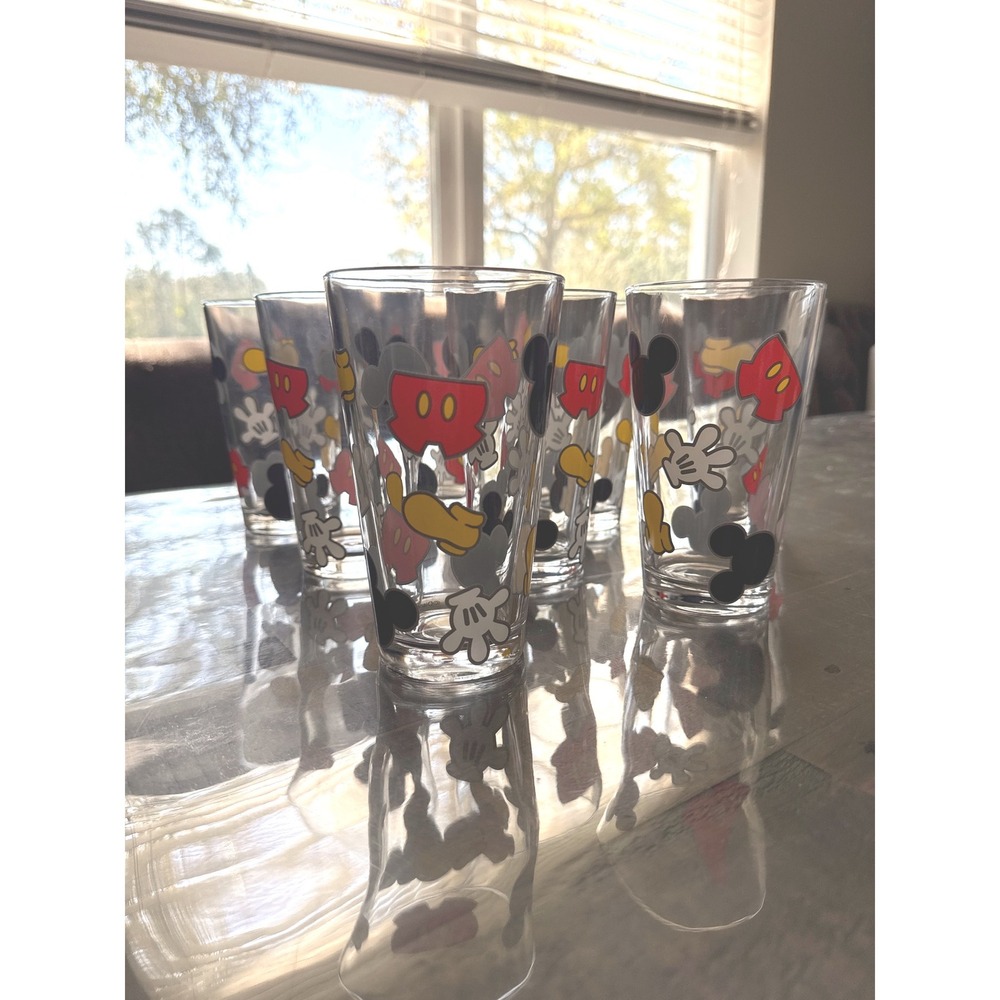 Disney Mickey Mouse Drinking Glasses Set of 8 Clear Tumblers Icons Print 16oz